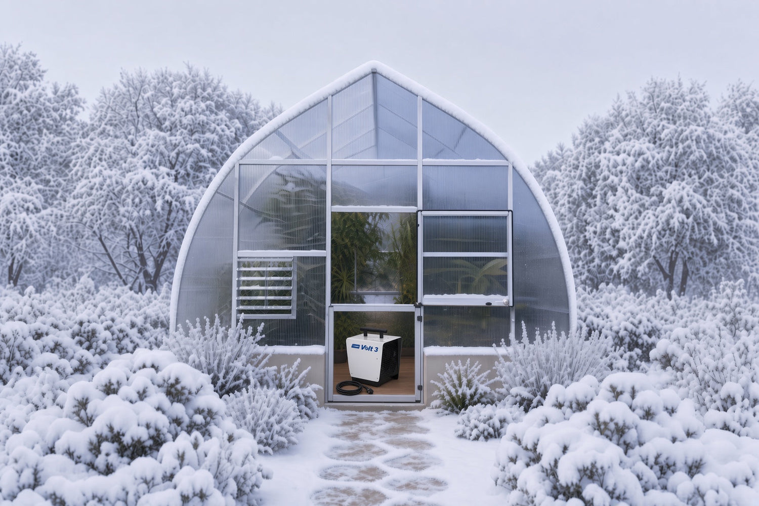 Greenhouse in snow with heater